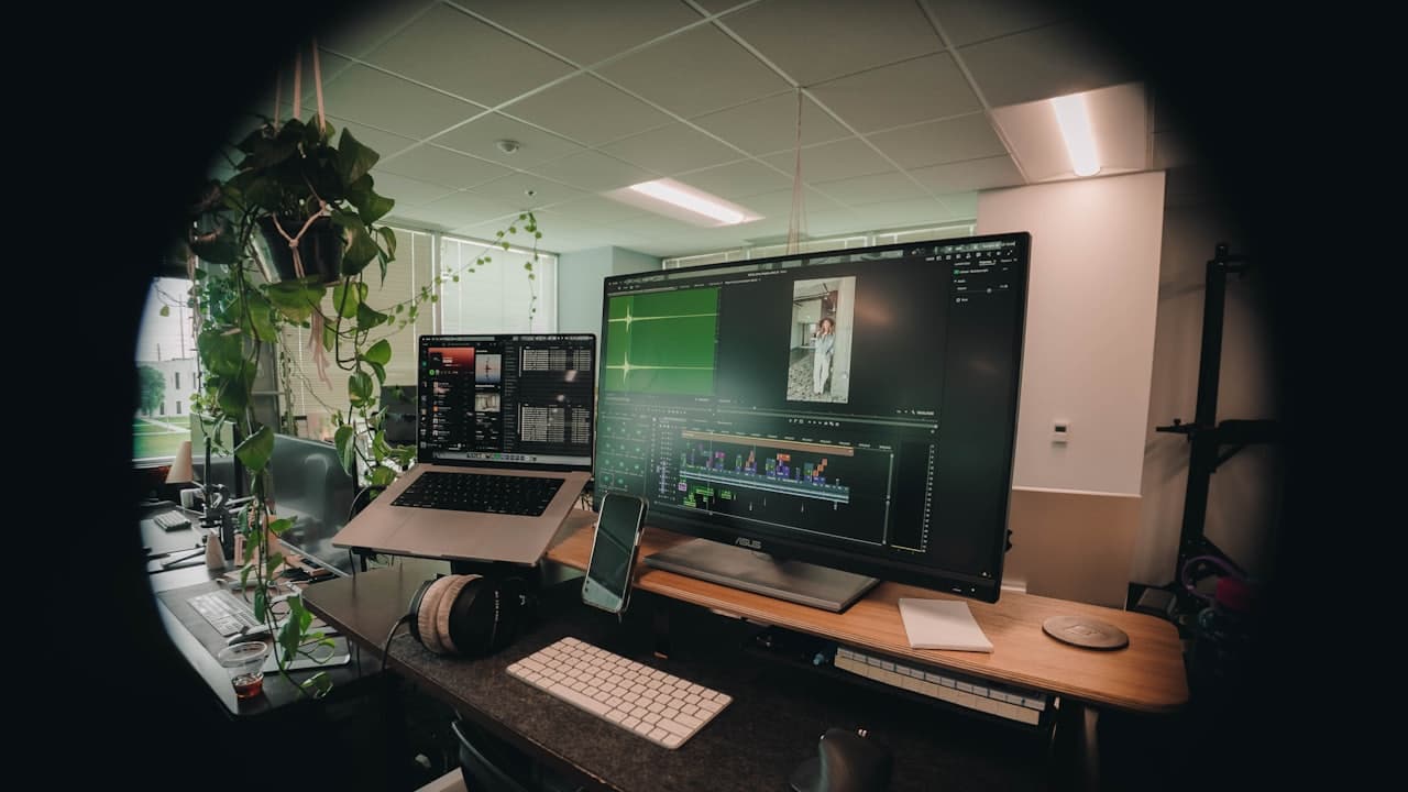 A workstation with multiple monitors set up for editing