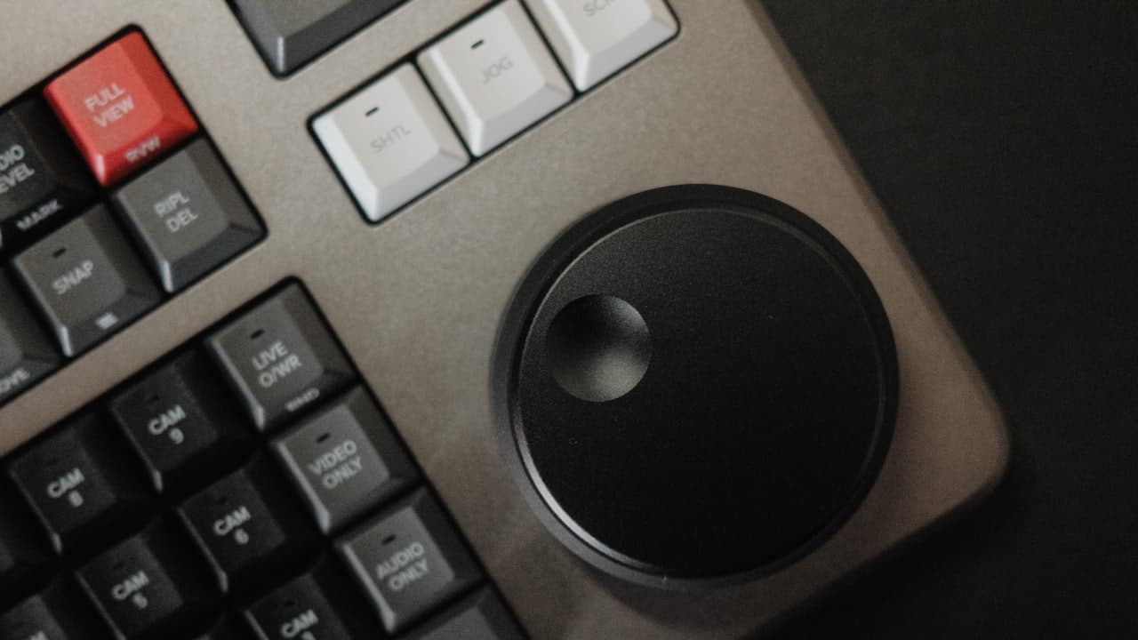 A colour grading control panel with trackballs and buttons