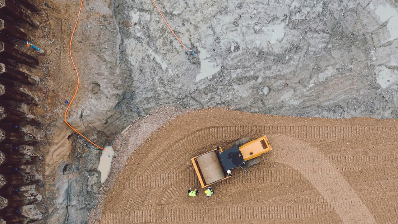 An aerial view of machinery working on a construction site