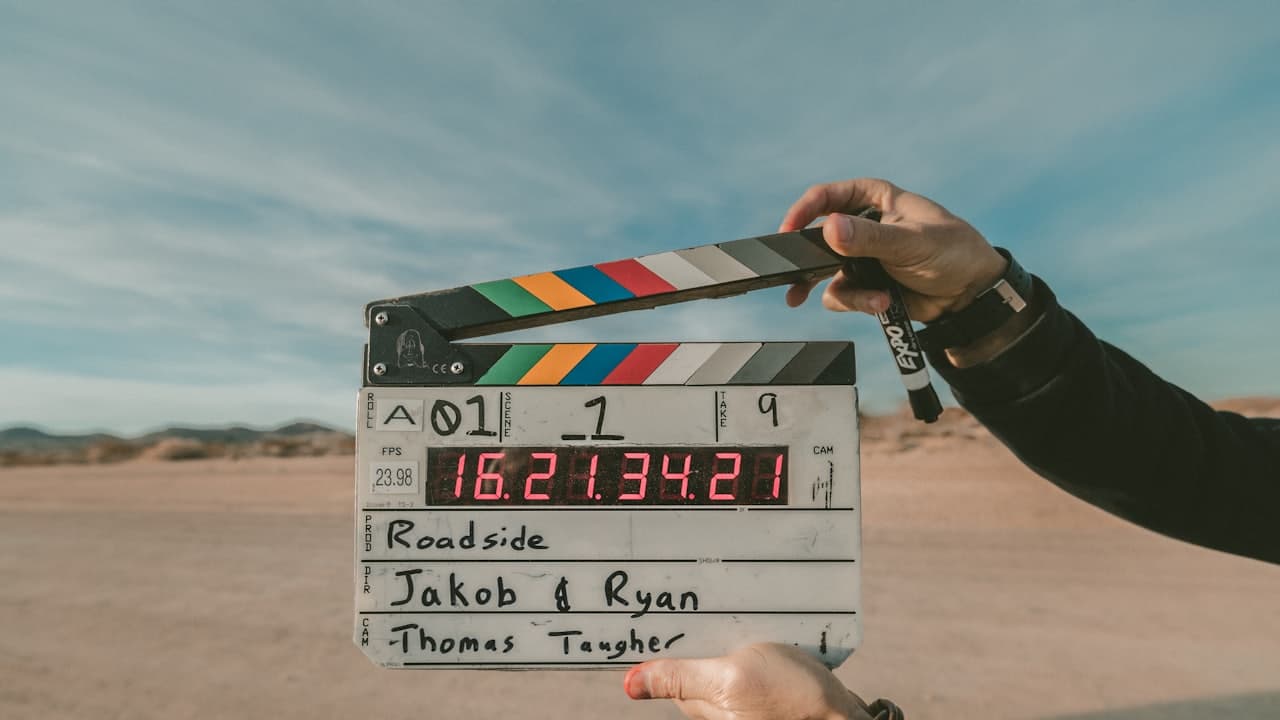 A film clapperboard held up at the start of a take